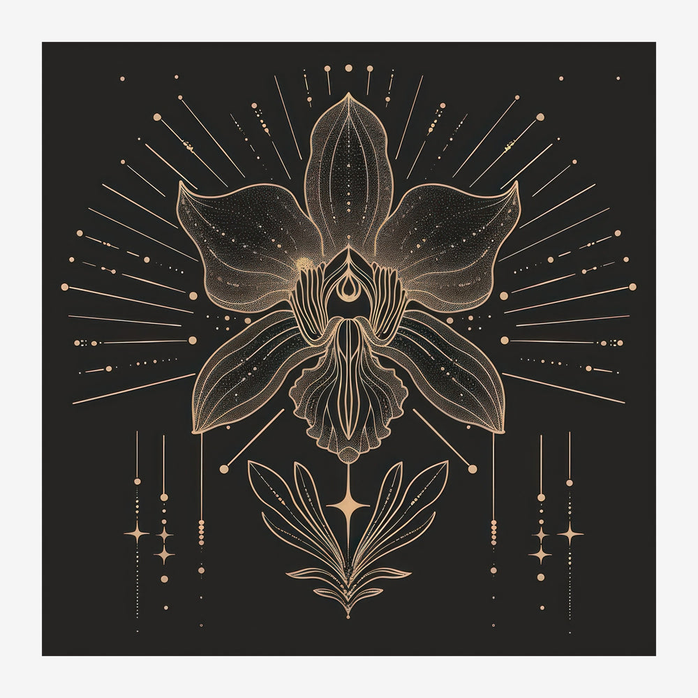 Illustration d'une orchidée géométrique en traits dorés sur fond noir, entourée de rayons, points et formes florales.