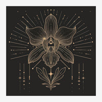 Illustration d'une orchidée géométrique en traits dorés sur fond noir, entourée de rayons, points et formes florales.