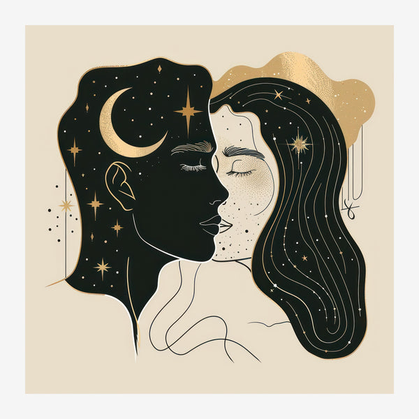 Profil double aux étoiles, line art noir et beige — Toile sur châssis