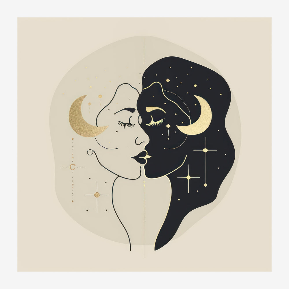 Deux profils de visages opposés en line art, l'un blanc et l'autre noir, décorés de croissants dorés et d'étoiles sur fond.
