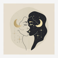 Deux profils de visages opposés en line art, l'un blanc et l'autre noir, décorés de croissants dorés et d'étoiles sur fond.
