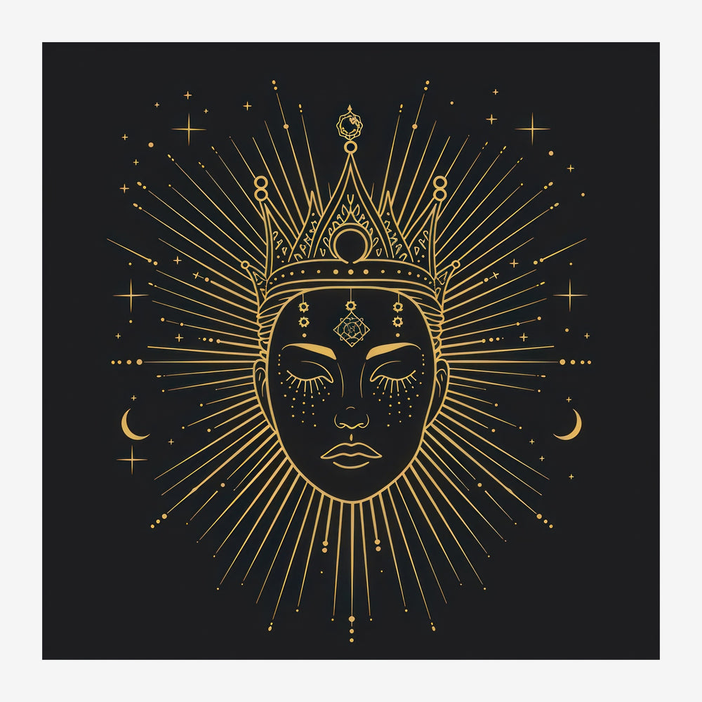Portrait stylisé d'une reine couronnée aux yeux fermés, entourée d'une auréole de rayons dorés et d'étoiles, sur fond noir.