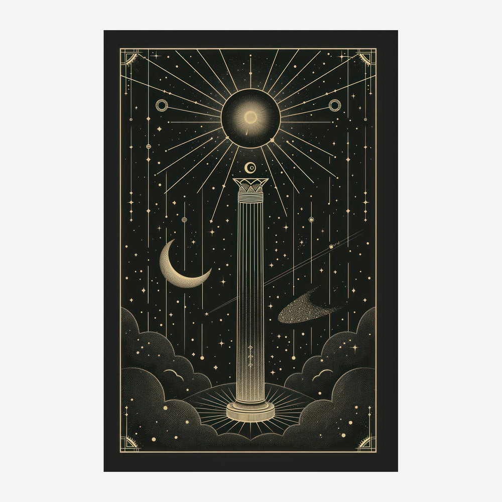 Affiche en noir et or représentant une colonne antique flanquée d'un soleil rayonnant en haut et d'une lune croissant sur la.