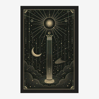 Affiche en noir et or représentant une colonne antique flanquée d'un soleil rayonnant en haut et d'une lune croissant sur la.