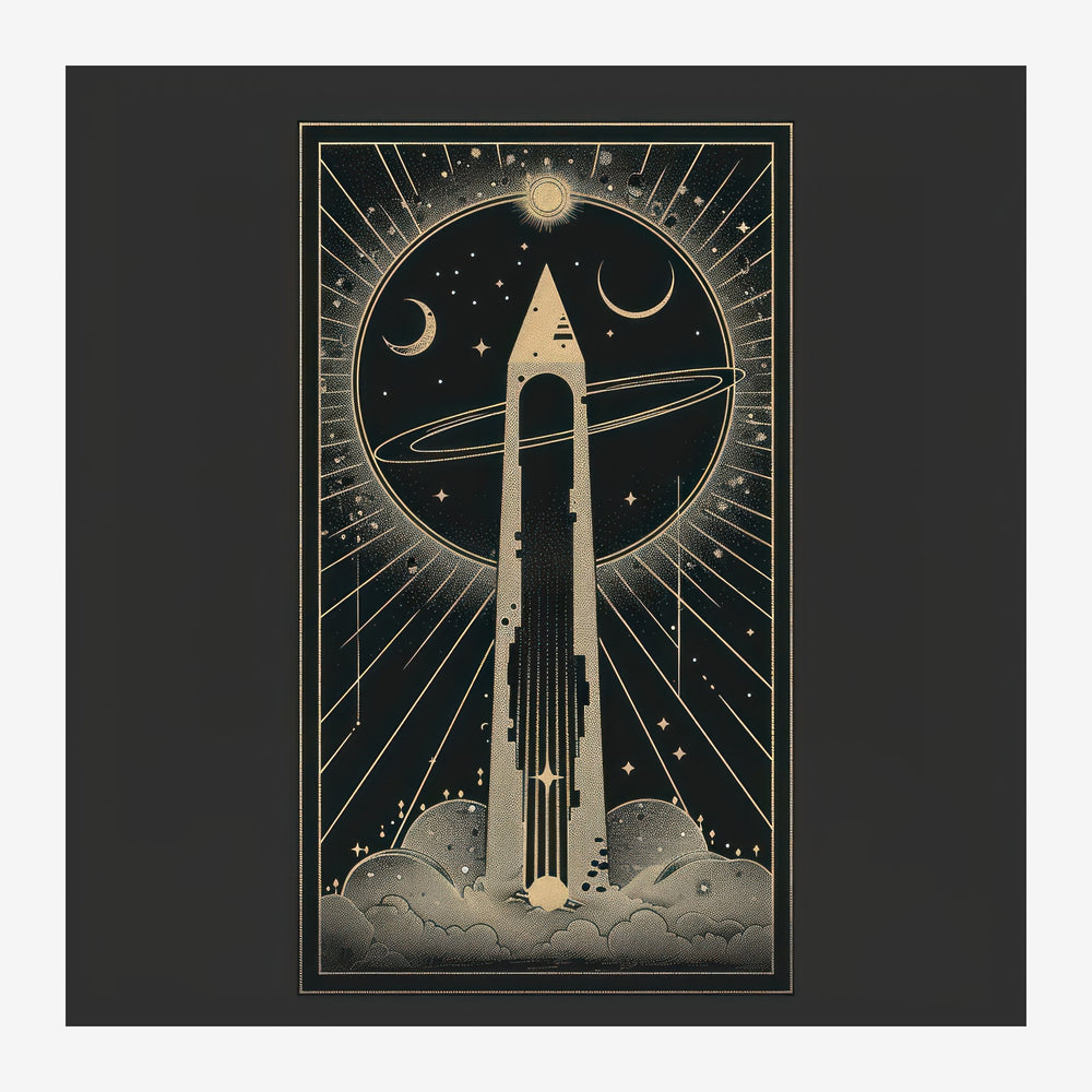 Affiche art déco représentant une fusée or lancée vers le ciel nocturne entourée de lunes, soleil et étoiles, avec rayons de.