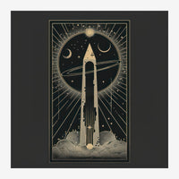 Affiche art déco représentant une fusée or lancée vers le ciel nocturne entourée de lunes, soleil et étoiles, avec rayons de.