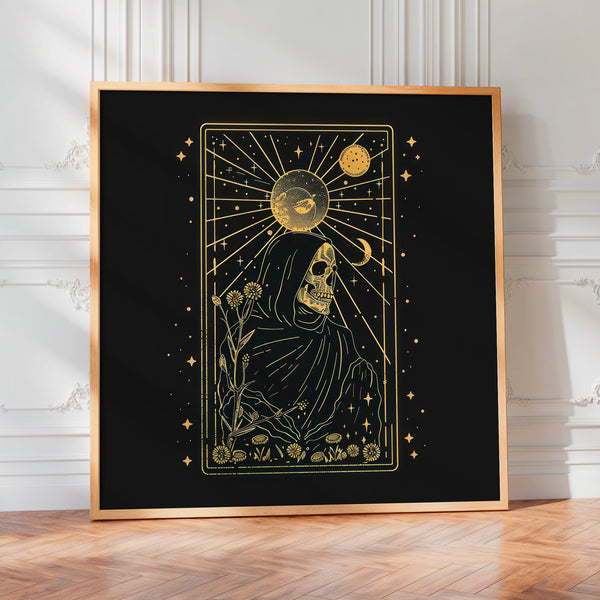 La Faucheuse et les Étoiles, tarot doré noir — Poster HP mat