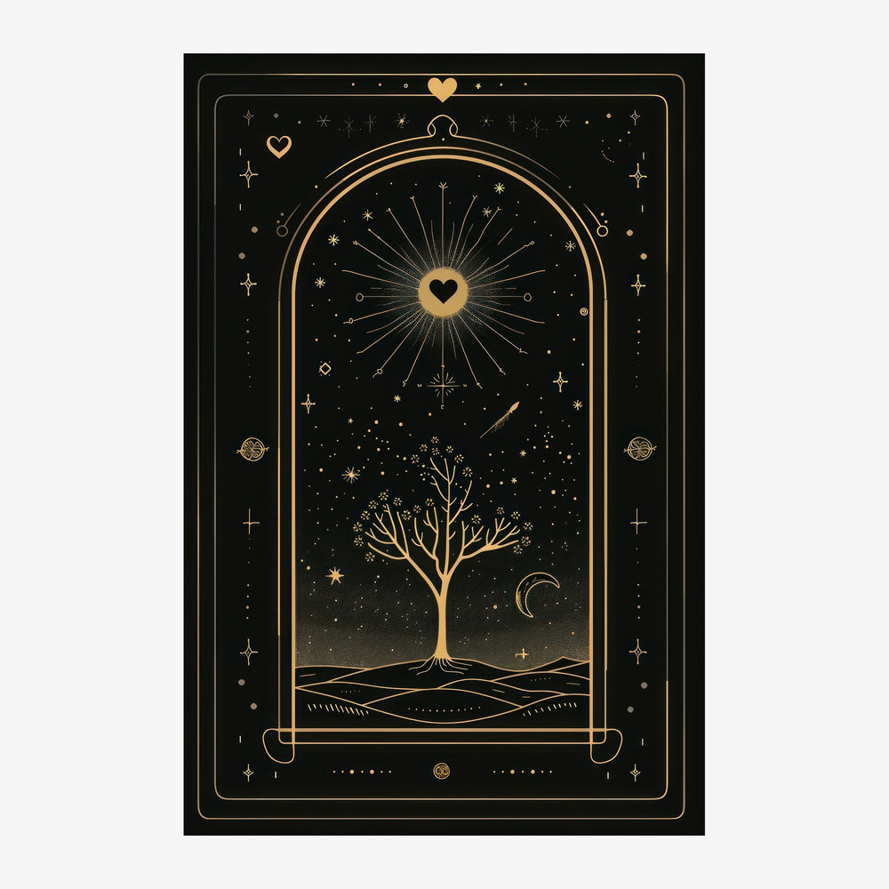Affiche encadrée représentant un arbre aux fines branches dorées radiantes sous un cœur lumineux, entouré d'étoiles et d'une.