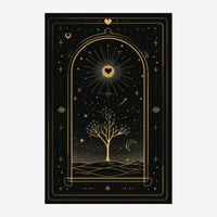 Affiche encadrée représentant un arbre aux fines branches dorées radiantes sous un cœur lumineux, entouré d'étoiles et d'une.