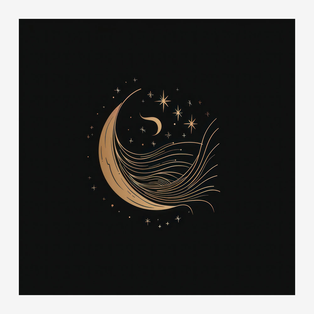 Illustration minimaliste représentant une lune en croissant avec des traits ondulants et des étoiles dorées sur fond noir.
