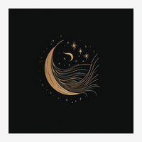Illustration minimaliste représentant une lune en croissant avec des traits ondulants et des étoiles dorées sur fond noir.