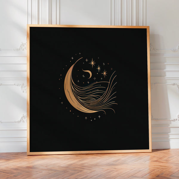 Lune et étoiles line art, noir et or minimaliste — Poster HP mat