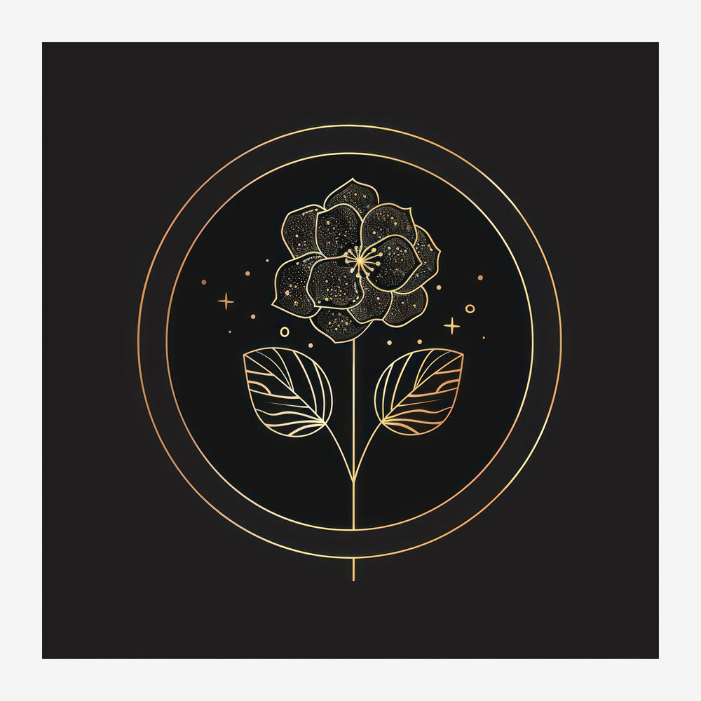 Illustration line art d'une fleur stylisée dorée au centre de deux cercles concentriques sur fond noir, avec feuilles.