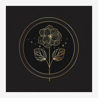 Illustration line art d'une fleur stylisée dorée au centre de deux cercles concentriques sur fond noir, avec feuilles.