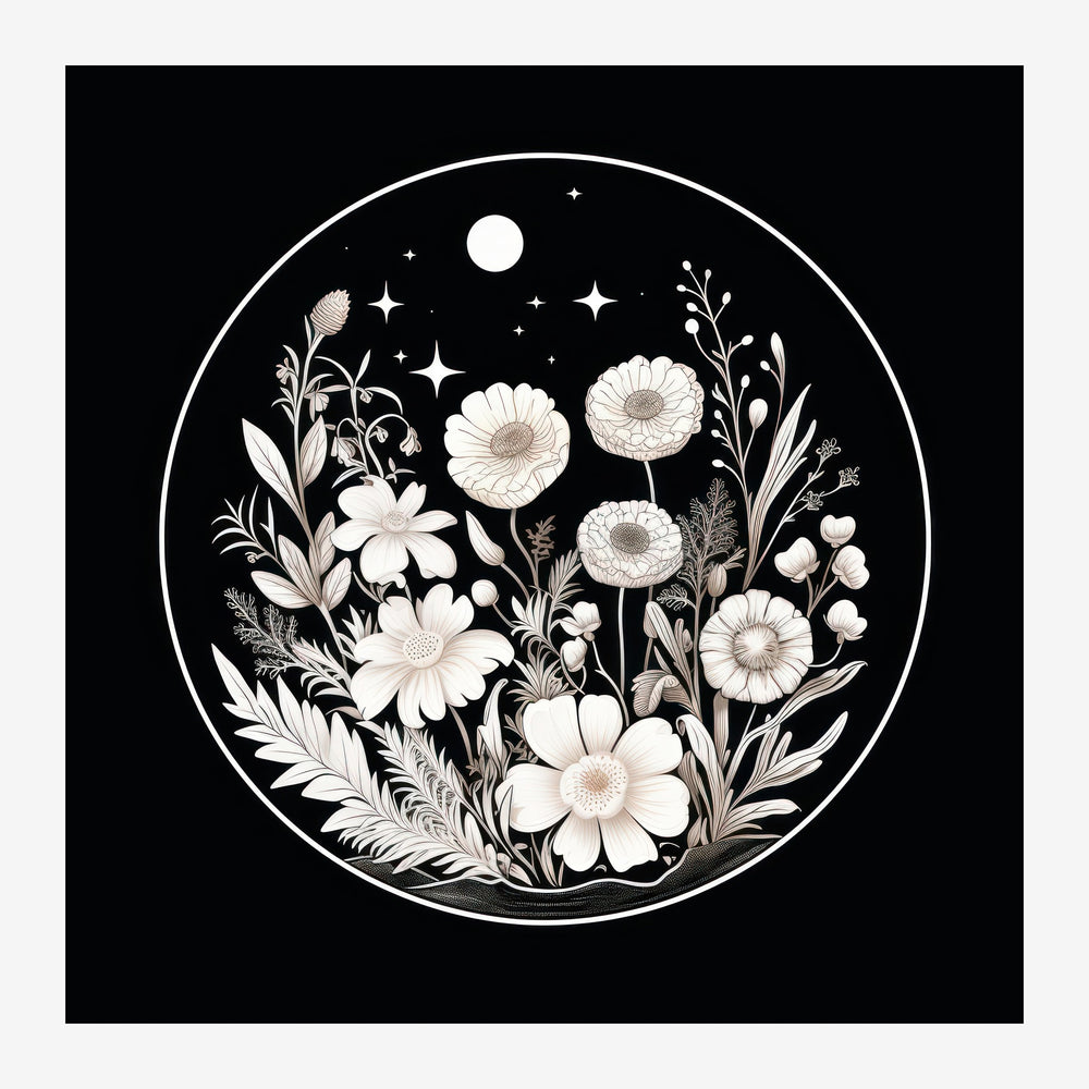 Illustration au trait blanc d'une couronne de fleurs et feuillages composée de gerberas, avec une lune et des étoiles.