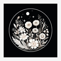 Illustration au trait blanc d'une couronne de fleurs et feuillages composée de gerberas, avec une lune et des étoiles.