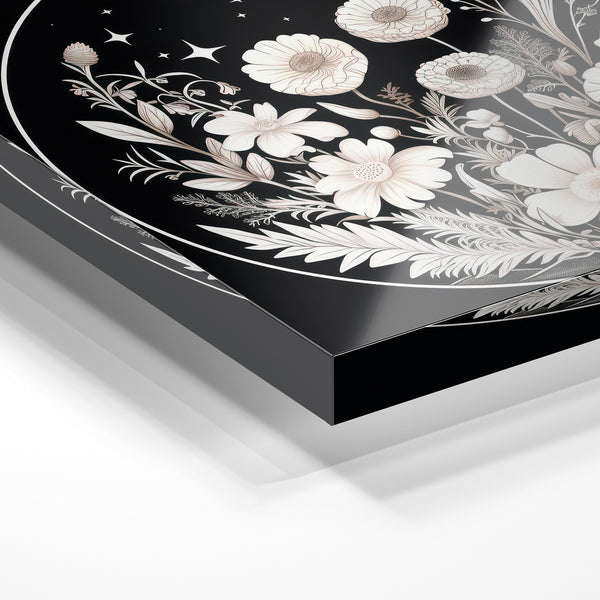 Fleurs nocturnes en cercle – art noir et blanc — Verre acrylique