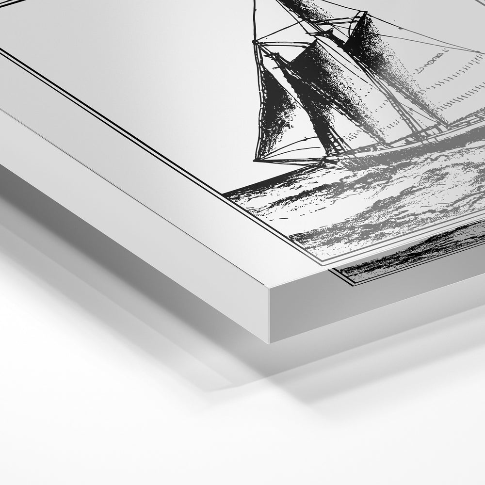 Gros plan de la matière : le tirage sous verre acrylique, tranche transparente visible.