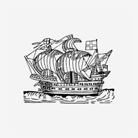 Dessin au trait en noir et blanc représentant un voilier ancien avec voiles gonflées et pavois, navigant sur des vagues.