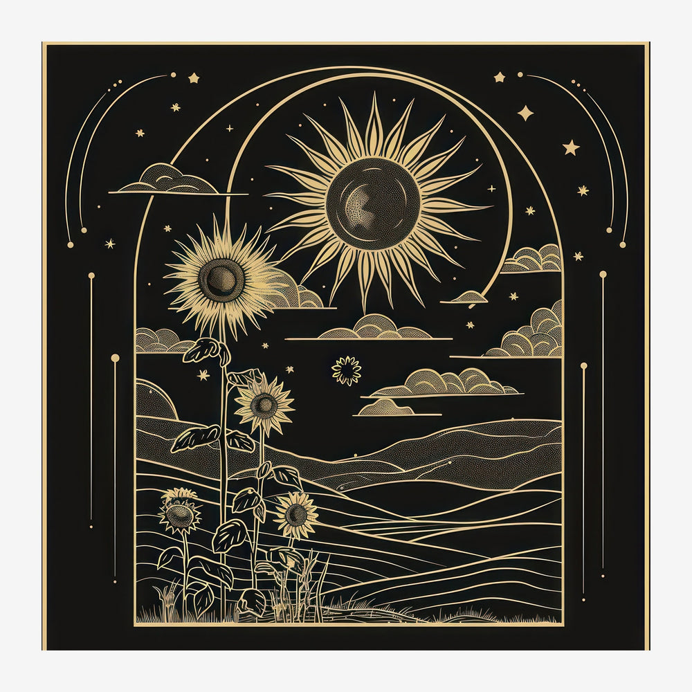 Affiche art déco noir et or montrant un paysage avec tournesols en premier plan, deux soleils rayonnants dans le ciel.