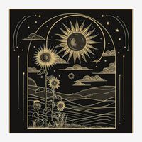 Affiche art déco noir et or montrant un paysage avec tournesols en premier plan, deux soleils rayonnants dans le ciel.