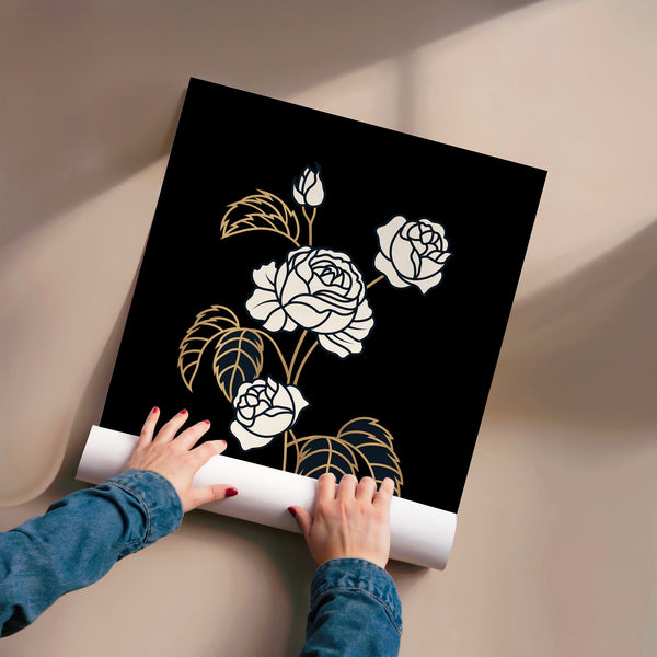 Roses blanc et or - Line art noir et blanc — Poster HP mat