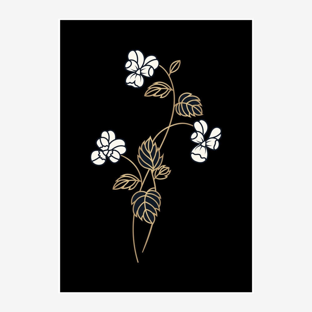 Une branche sinueuse aux traits dorés porte trois fleurs blanches stylisées sur un fond noir.