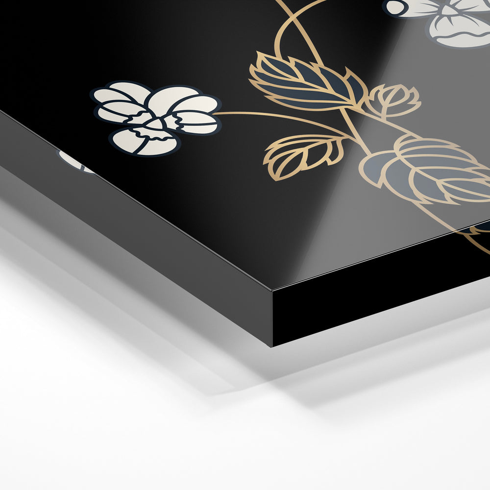 Gros plan de la matière : le tirage sous verre acrylique, tranche transparente visible.