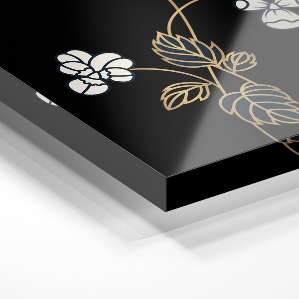 Fleur en ligne dorée et blanche sur noir — Verre acrylique