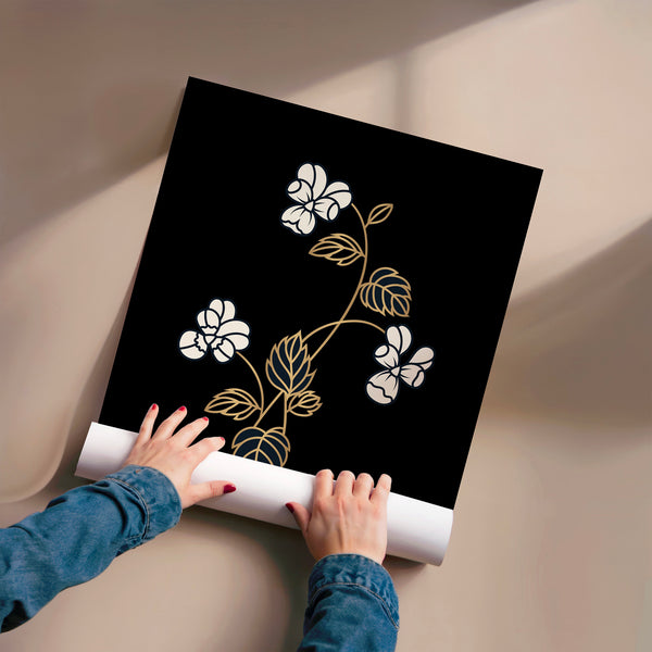 Fleur en ligne dorée et blanche sur noir — Poster HP mat