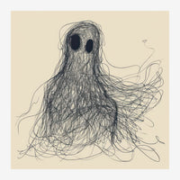 Dessin minimaliste en trait noir d'une silhouette spectrale aux yeux grands ouverts, cheveux et corps en arabesques.