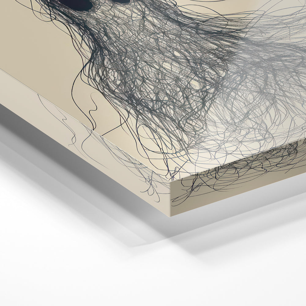Gros plan de la matière : le tirage sous verre acrylique, tranche transparente visible.