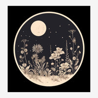 Affiche en noir et blanc présentant un jardin ovale de fleurs sauvages sous une lune pleine, avec des étoiles semées dans le.