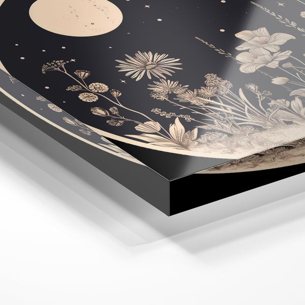 Fleurs nocturnes et lune, affiche noir et blanc — Verre acrylique
