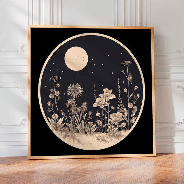 Fleurs nocturnes et lune, affiche noir et blanc — Poster HP mat