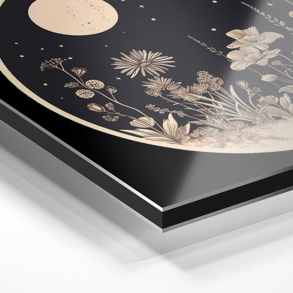 Fleurs nocturnes et lune, affiche noir et blanc — Aluminium Dibond relief 3D