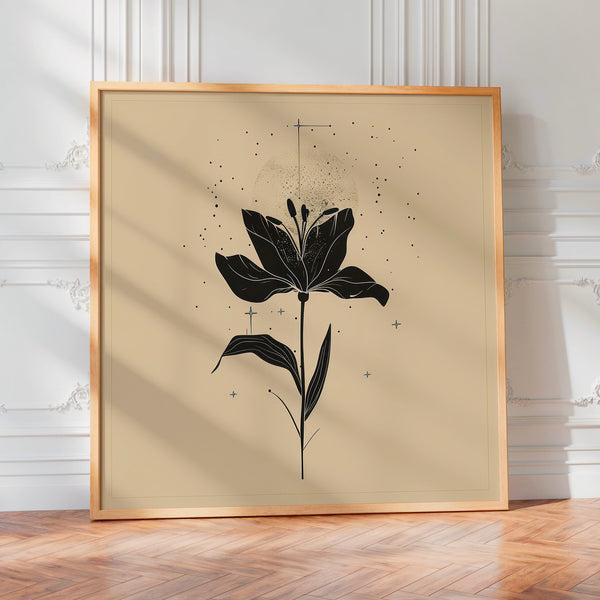 Fleur minimaliste et étoiles, line art beige — Poster HP mat