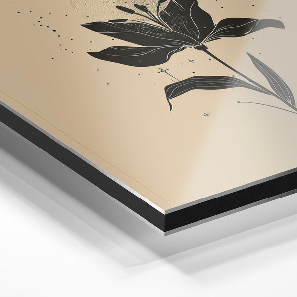 Fleur minimaliste et étoiles, line art beige — Aluminium Dibond relief 3D