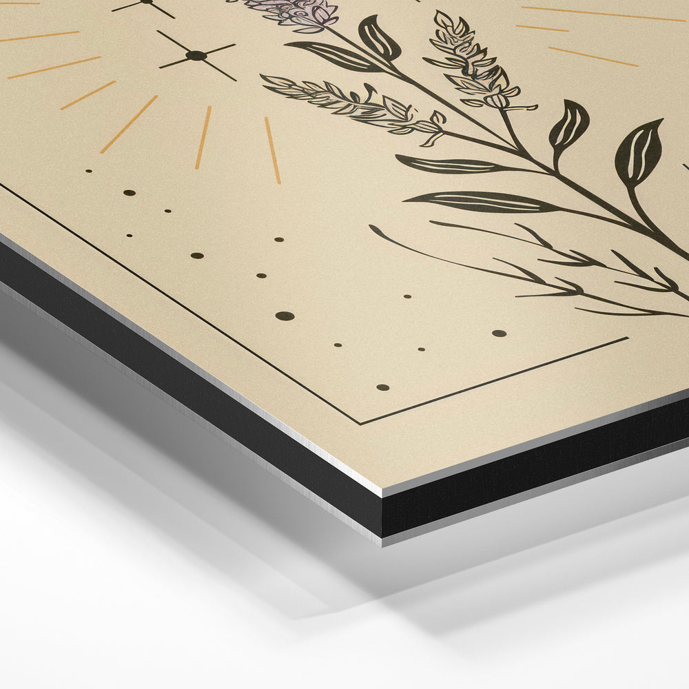 Gros plan de la matière : le tirage contrecollé sur aluminium Dibond mat, tranche visible.