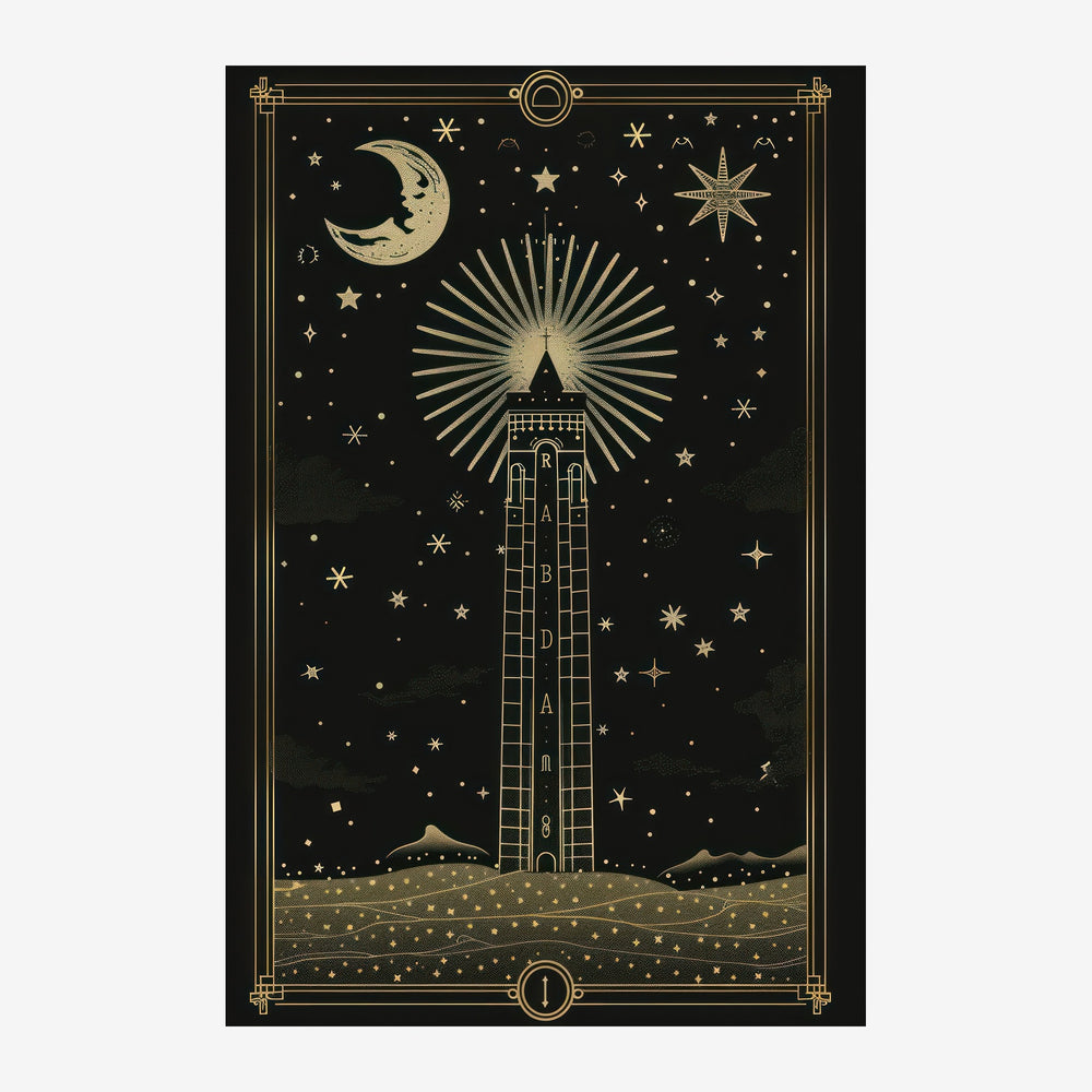 Affiche représentant un phare illuminé par un halo de rayons dorés sur un ciel nocturne étoilé noir et or, encadré d'un.