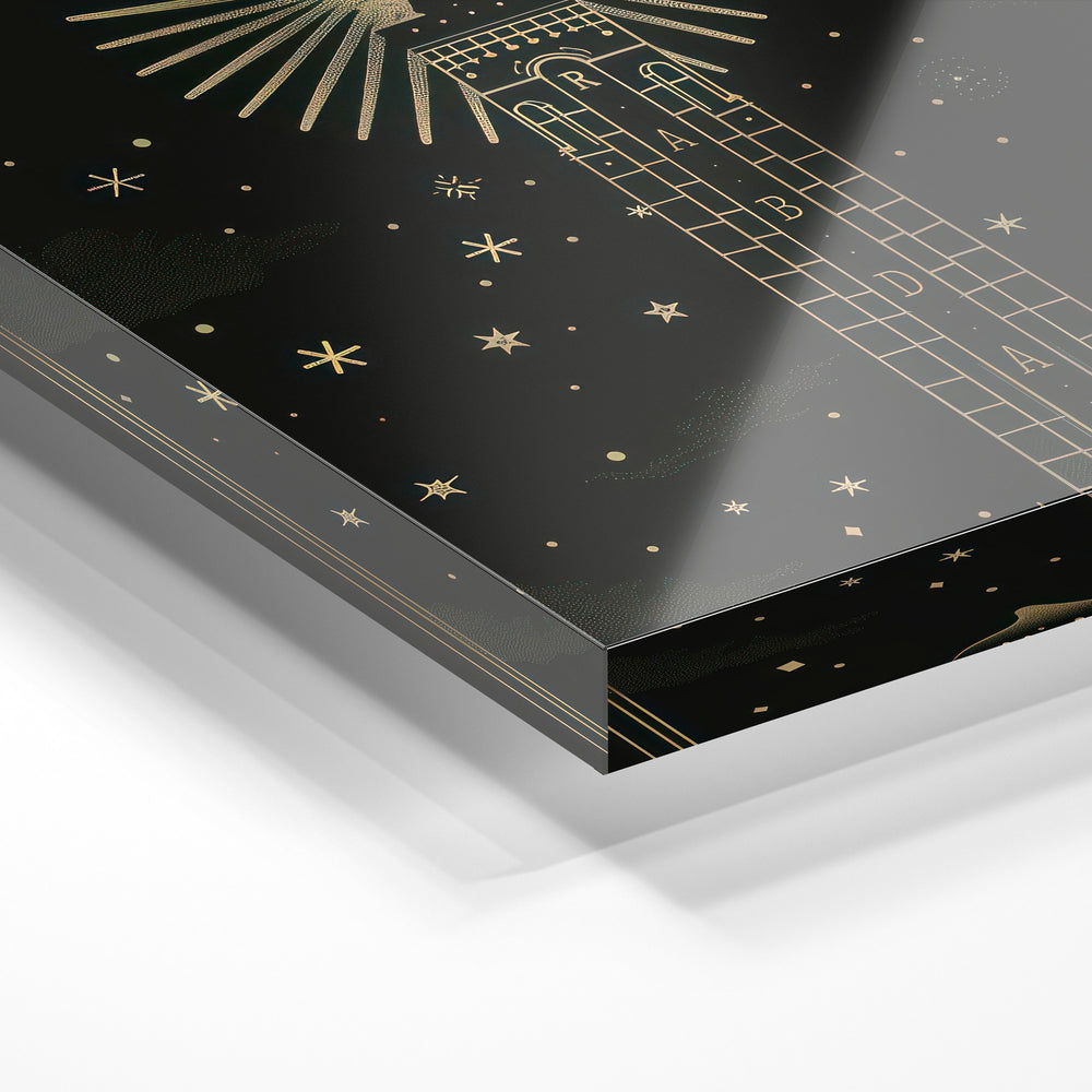 Gros plan de la matière : le tirage sous verre acrylique, tranche transparente visible.