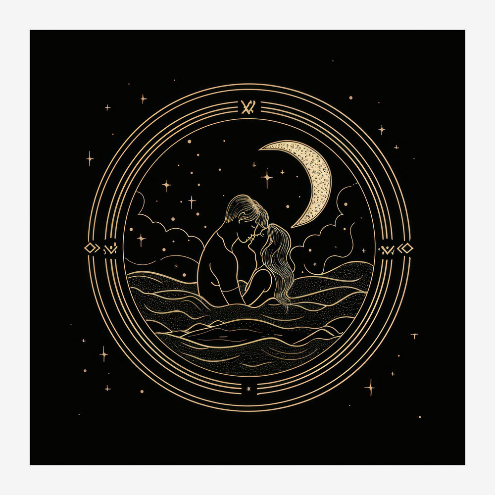 Affiche noire et or représentant un couple s'embrassant sous la lune dans un cadre circulaire minimaliste, avec étoiles et.