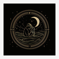 Affiche noire et or représentant un couple s'embrassant sous la lune dans un cadre circulaire minimaliste, avec étoiles et.