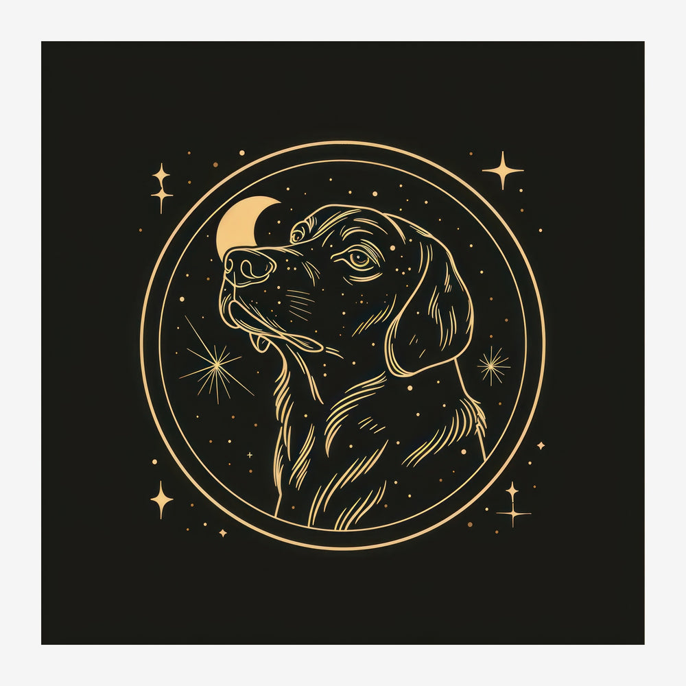 Portrait de chien en line art doré dans un cercle étoilé, avec une lune croissant au-dessus de sa tête, sur fond noir.