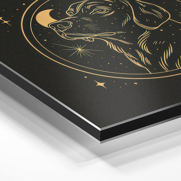 Chien et lune, portrait zodiacal doré mystique — Aluminium Dibond