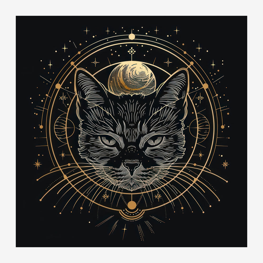 Illustration d'un chat blanc aux yeux jaunes, encadré par un mandala géométrique doré avec lune, étoiles et motifs.