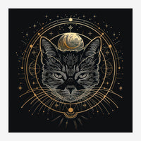 Illustration d'un chat blanc aux yeux jaunes, encadré par un mandala géométrique doré avec lune, étoiles et motifs.