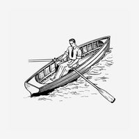 Dessin au trait en noir et blanc d'un homme en chemise et cravate ramant dans une barque sur l'eau.