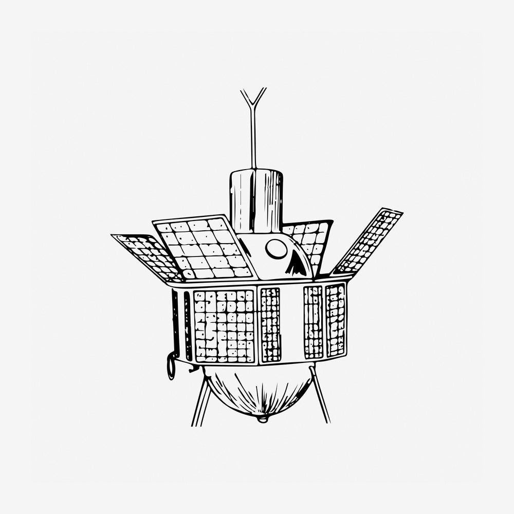 Dessin au trait d'un satellite stylisé aux panneaux solaires déployés, aux antennes filiformes et à la structure.