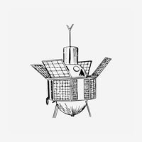 Dessin au trait d'un satellite stylisé aux panneaux solaires déployés, aux antennes filiformes et à la structure.